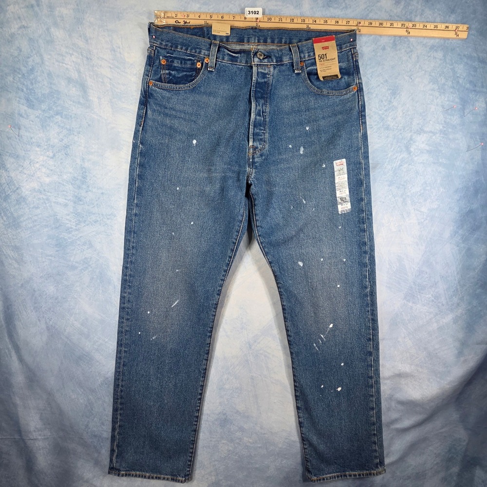 Levis 501 93 Straight Mens 36x34 Blue Paint Splatter Stretch Denim Jeans NEW